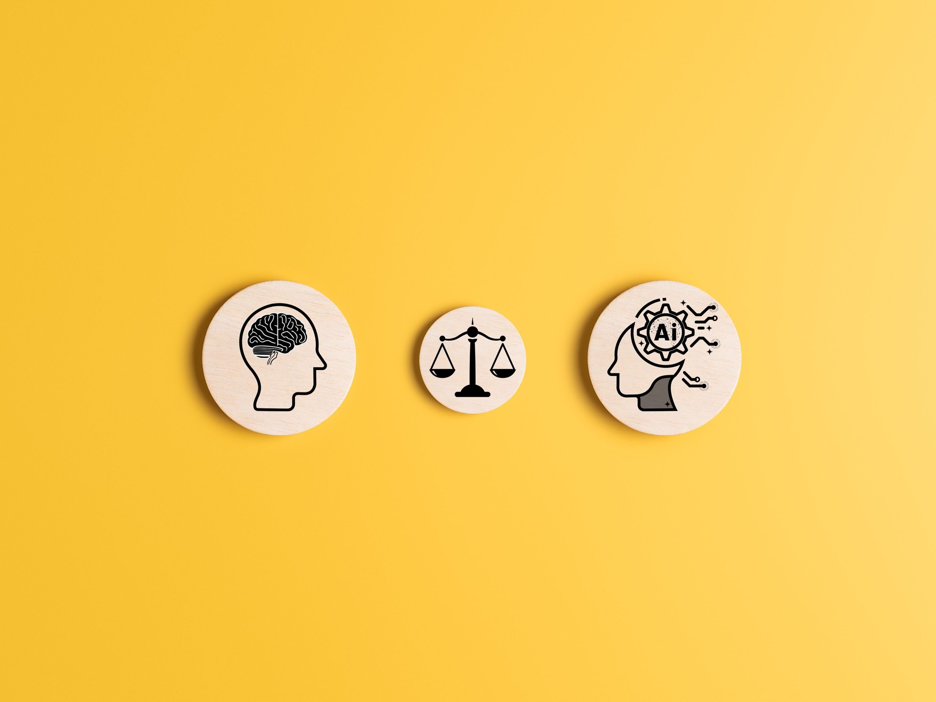 AI technology morals and ethics on yellow background. Create art and generated content. Impact and responsibility for use of work in machine learning to human work. The balance between humans and A.I.